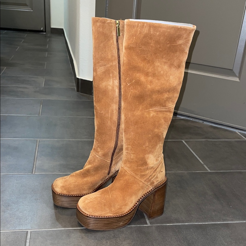 Tan Suede Platform Knee-High Boots